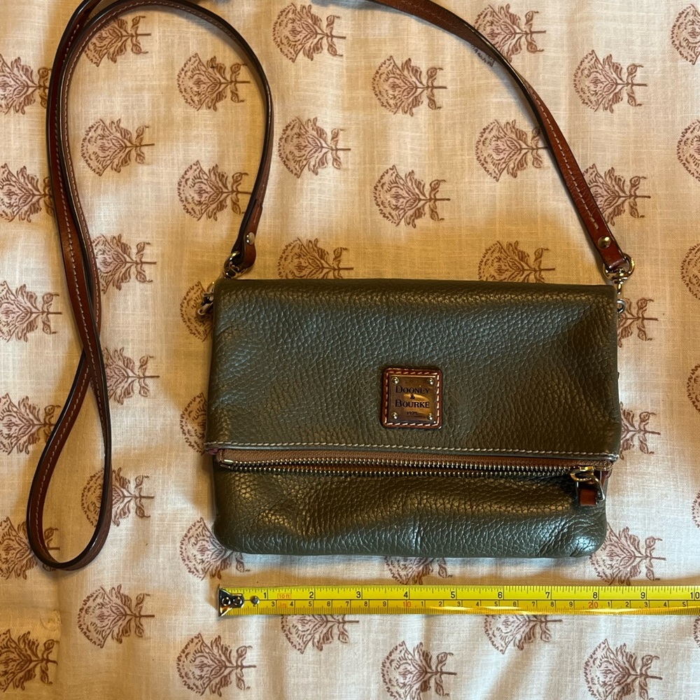 Dooney & Bourke Olive Green Pebbled Leather Fold-Over Crossbody with Brown Trim